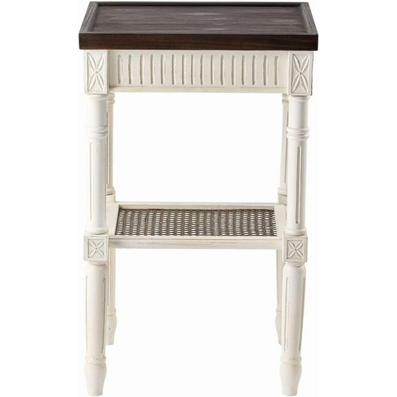 Rustic Farmhouse Side Table with Woven Wicker Shelf, Distressed Square End Table for Cottagecore Decor, Espresso Tray Top, French Country Living Room Accent