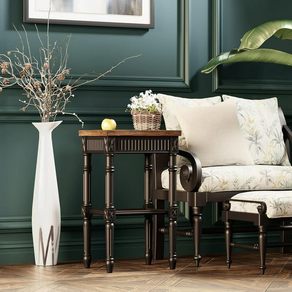 Rustic Farmhouse Side Table with Woven Wicker Shelf, Distressed Square End Table for Cottagecore Decor, Espresso Tray Top, French Country Living Room Accent