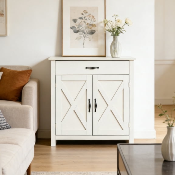 Rustic Farmhouse Sideboard Buffet Cabinet with Drawer & Adjustable Shelf Barn Door Accent Storage Cabinet White Wash