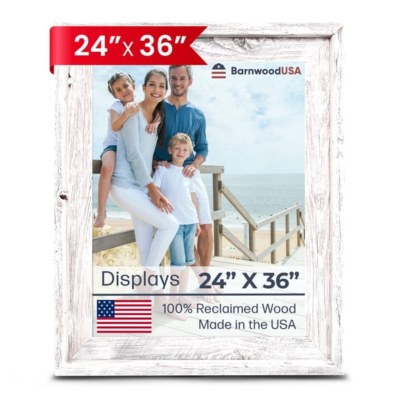 Farmhouse Style Rustic Picture Frame - Reclaimed Wood Photo Frame – Signature Wall Picture Frames for Living Room, Bedroom, Office Display - Wooden Frames for Décor Made in USA White Wash 24" x 36"