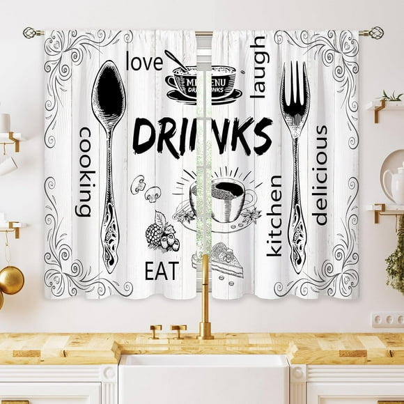 Rustic Farmhouse Small Kitchen Curtains Spoon Fork Window Treatment Retro Wooden Country Cafe Short Curtains for Bathroom Dining Laundry Room Vintage Plank Tier Treatment Drapes 27.5x39 inch