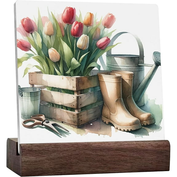 Rustic Farmhouse Spring Home Office Ceramic Desk Decor Country Decor Tulips Sign Cubicle Shelf Tabletop Tiered Tray Decor Gardening Gift For Women Her