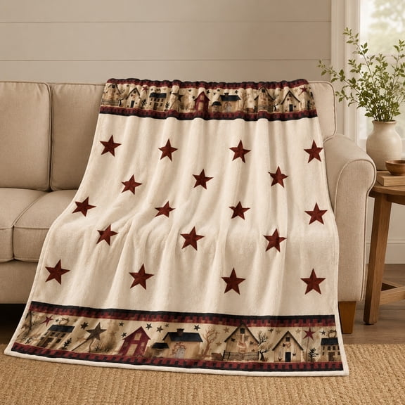 Rustic Farmhouse Star Fleece Throw Blanket | Primitive Country Village Print | Cozy 280GSM | 4 Sizes