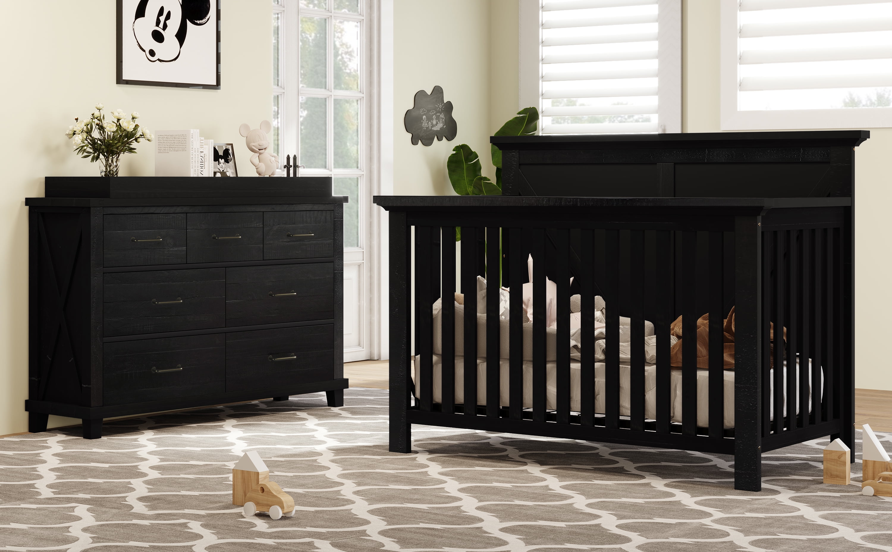 Rustic Farmhouse Style 3 Pieces Nursery Sets Baby Crib and Changer