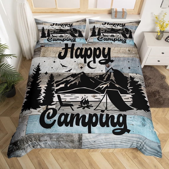 Rustic Farmhouse Style Comforter Cover Camping Bedding Set for Boys Kids Teens Lodge Cabin Duvet Cover Happy Glamping Trailer Camper DecorBed, Camfire Tent Retro Old Barn Door Room Decor
