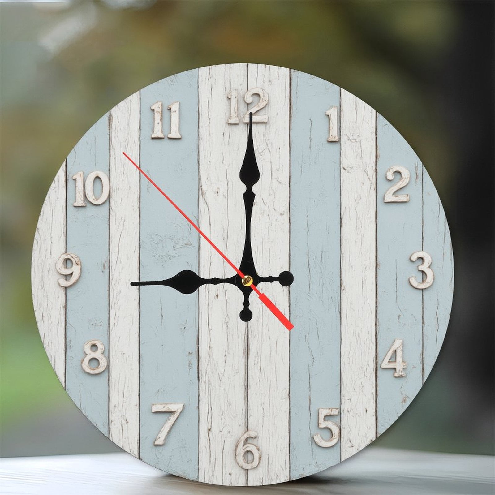 Rustic Farmhouse Style Wall Clock Wood Blue White 10-Inch Silent Wooden ...