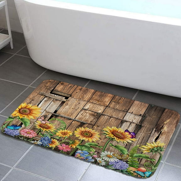 Rustic Farmhouse Sunflower Bathroom Rugs Brown Barn Door Wood Floral Bath Mat Soft Flannel Small Bath Rugs Bathroom Decor Warm Floor Mat for Living Room Bedroom 16 x 24 Inch