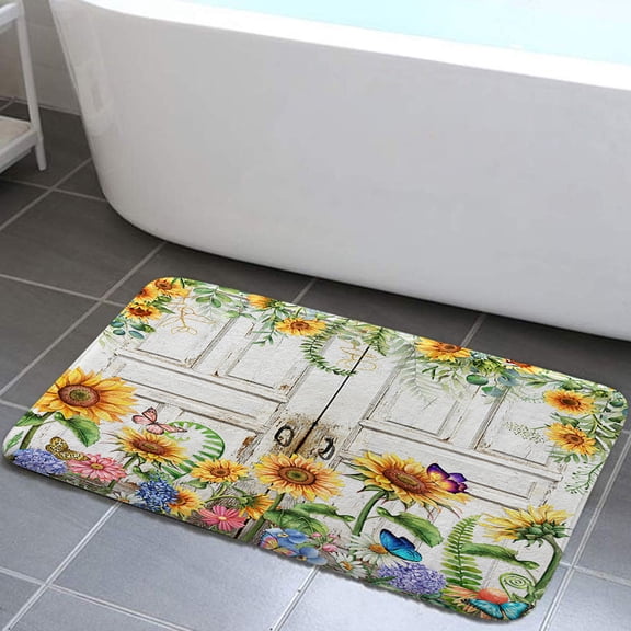 Rustic Farmhouse Sunflower Bathroom Rugs Grey Barn Door Wood Floral Bath Mat Soft Flannel Small Bath Rugs Bathroom Decor Warm Floor Mat for Living Room Bedroom 16 x 24 Inch