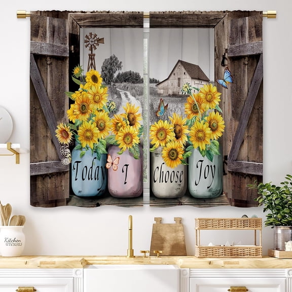 Rustic Farmhouse Sunflower Curtains Barn Door Today I Choose Joy Butterfly Mason Jar Window Drapes for Kitchen Living Room