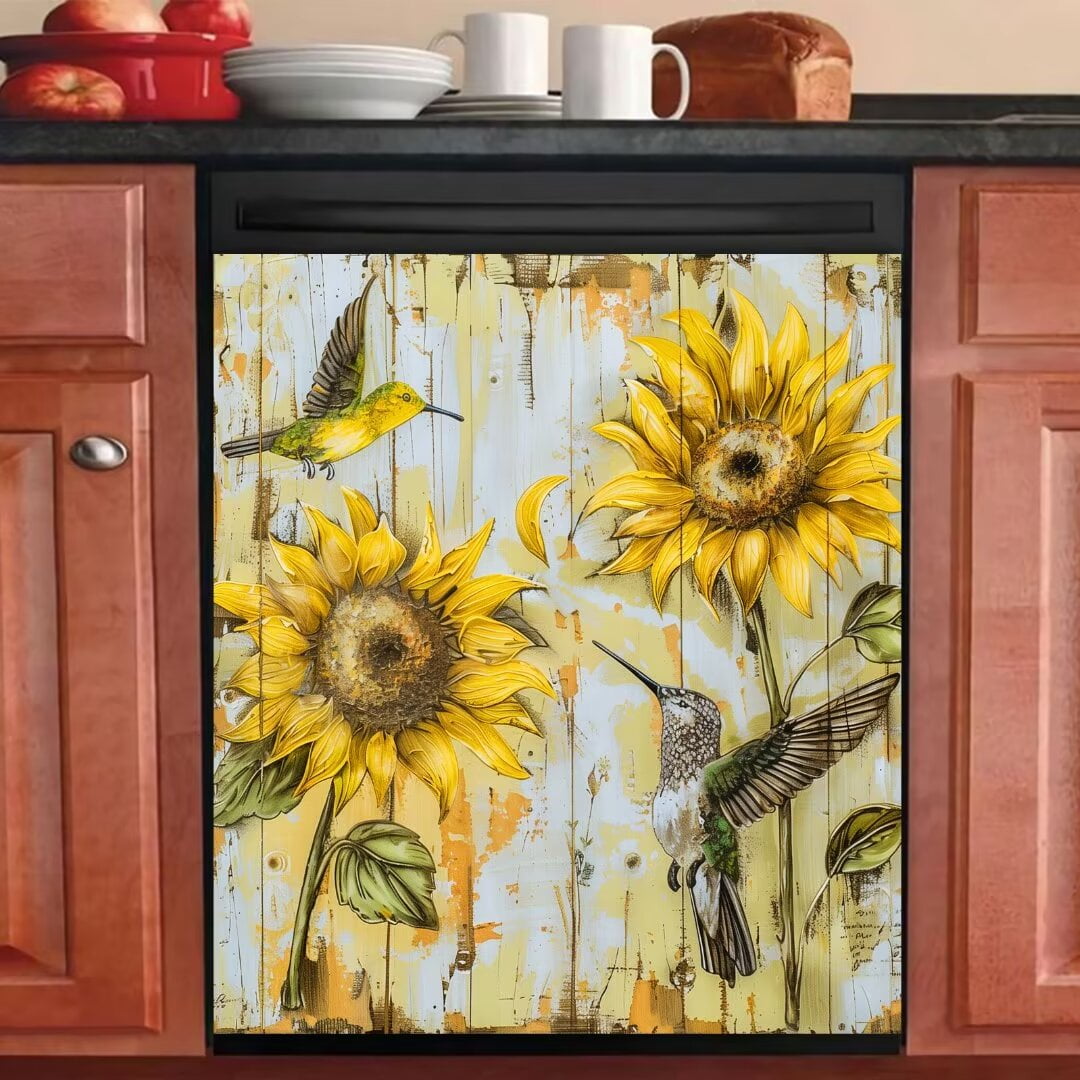 Rustic Farmhouse Sunflower Hummingbirds Kitchen Decor Update Dishwasher