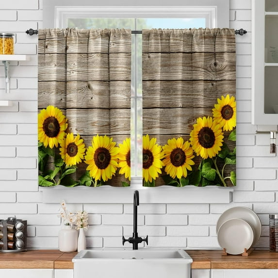 Rustic Farmhouse Sunflower Kitchen Curtains- Wooden Spring Floral Short Cafe Curtain Decor for Dining Room Tier Curtains Country Farm Decor Rod Pocket Window Drapes 36Inch Length Set