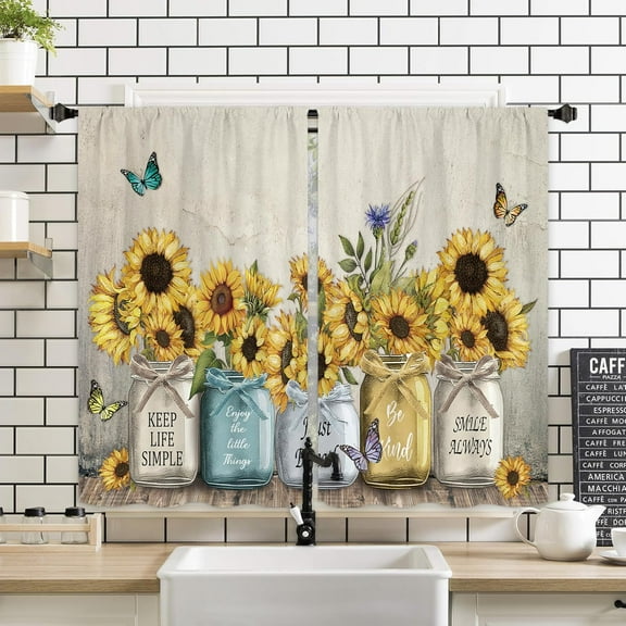 Rustic Farmhouse Sunflower Kitchen Window Curtains 2 Panels 27.5W x 39H Rod Pocket Quotes Inspirational Motivational Positive Vintage Small Short Door Decor Laundry Drapery Treatment