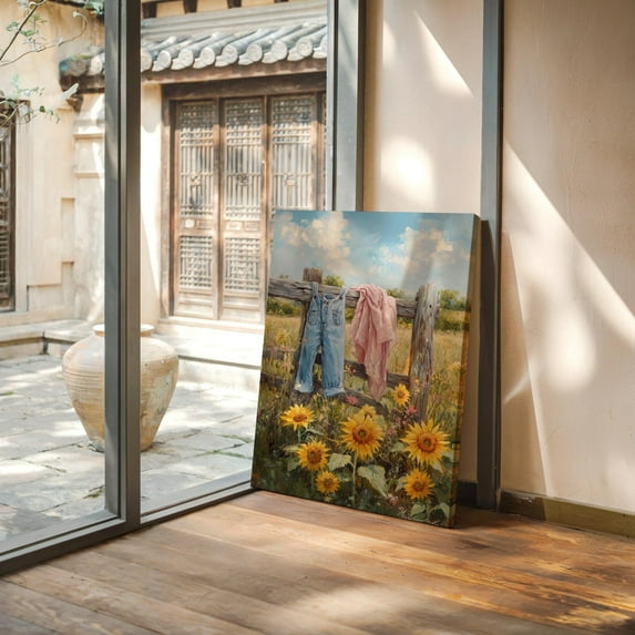 Rustic Farmhouse Sunflowers And Denim Overalls - Country Wall Art For Cozy Home Or Cottage Decor Wall Art, Modern Wall Decor, 24x36 UNFRAMED