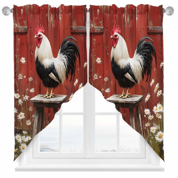 Rustic Farmhouse Swag Curtain Valance for Windows, Rustic Red Barn Rooster Wildflowers Window Treatments Short Swag Topper for Kitchen Windows Bathroom Bedroom, 36"x45"