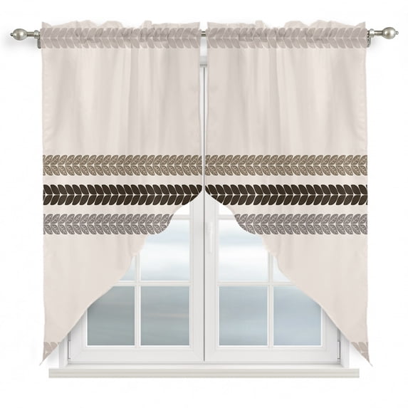 Rustic Farmhouse Swag Valances for Windows, Kitchen Window Curtains Over Sink, Vintage Minimalist Leaves Stripes Beige Window Treatment Curtains for Living Room/Bedroom Curtains 2 Panel Sets 36"x45"