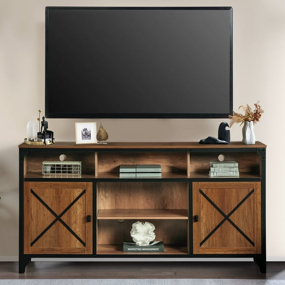 BOUQUETYZ Rustic Farmhouse TV Stand for 65 Inch TVs - 33" Entertainment Center with Barn Doors, Highboy Media Console with Storage,Rustic Wood TV Cabinet for Living Room