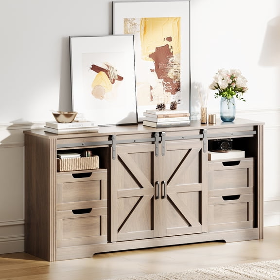 Rustic Farmhouse TV Stand, Entertainment Center with Sliding Barn Doors, 4 Drawers, Adjustable Shelf, Cable Management, Weathered Walnut Finish, Fits TVs Up to 70 Inches