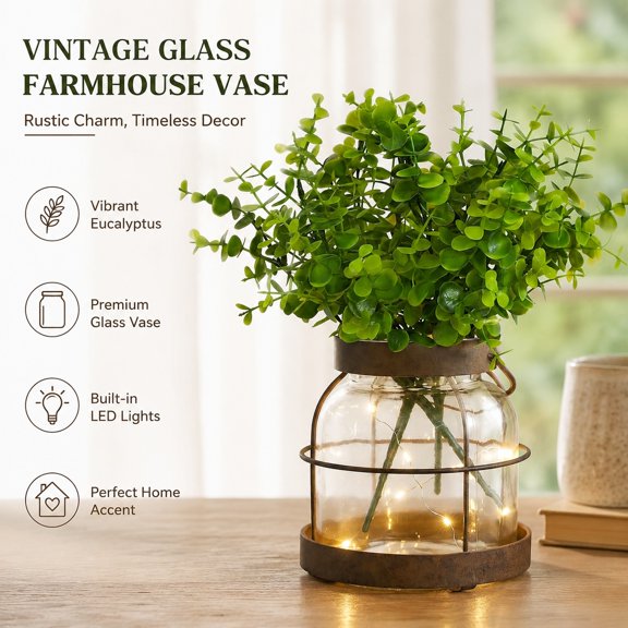 Rustic Farmhouse Table Centerpiece with Artificial Eucalyptus & Fairy Lights, Glass Vase in Metal Lantern Frame, Battery Operated Ambient Decor for Home and Kitchen, 13.4" Tall