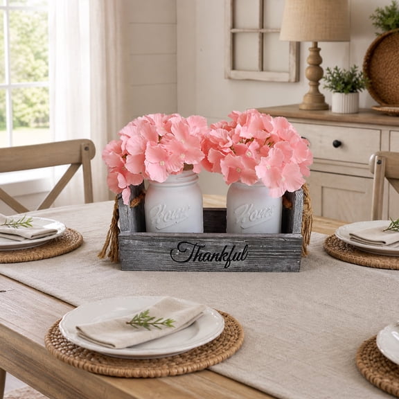 Rustic Farmhouse Table Centerpiece Set – 2 White 16oz Mason Jars with Pink Hydrangeas in Wooden Tray, Dining Room & Coffee Table Décor