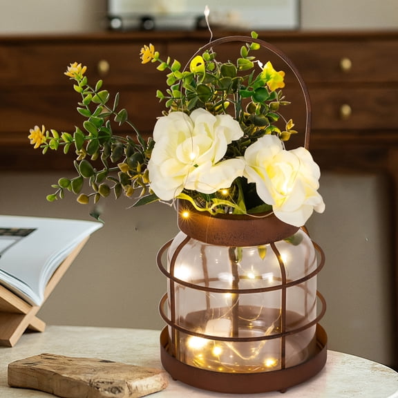 Rustic Farmhouse Table Centerpiece Vase with Artificial Flowers & LED Light Glass Jar Lantern, Battery Operated Hanging Decor Lamp, Ideal Farmhouse & Christmas Tabletop Ornament