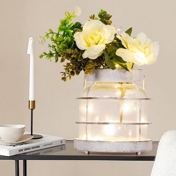 Rustic Farmhouse Table Centerpiece Vase with Artificial Flowers & LED Light Glass Jar Lantern, Battery Operated Hanging Decor Lamp, Ideal Farmhouse & Christmas Tabletop Ornament