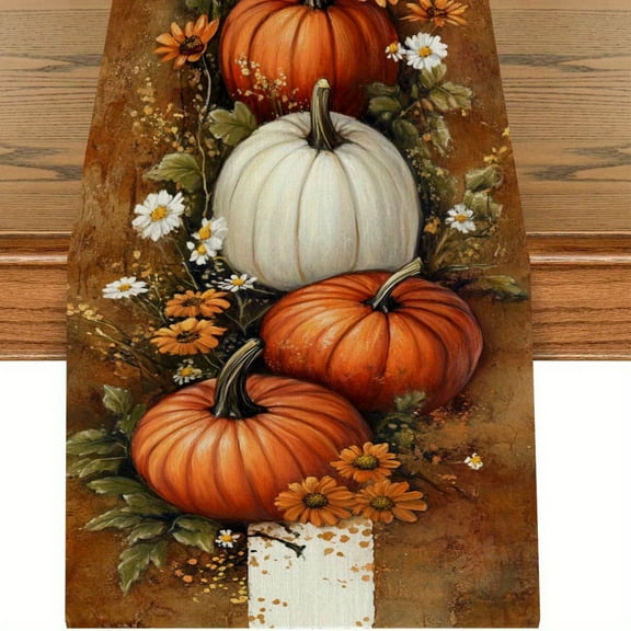 [Rustic Farmhouse Table Runner] 1pc Rustic Farmhouse Autumn Pumpkin Table Runner for Kitchen Dining Decor, 13x72 inch
