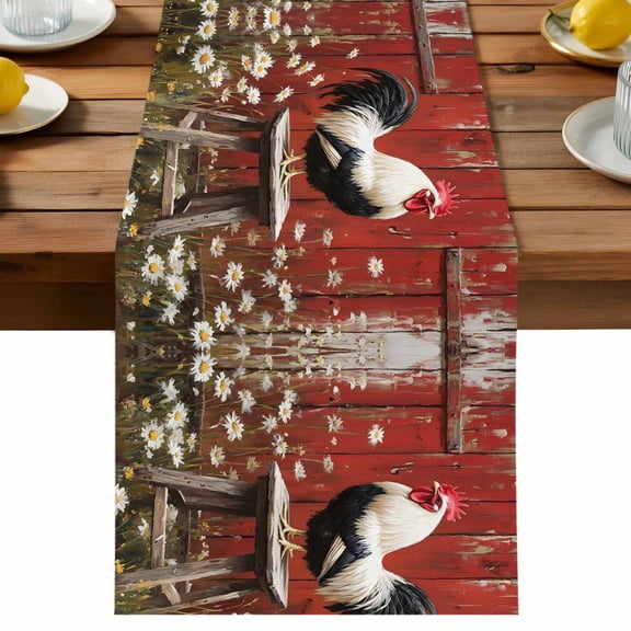 Rustic Farmhouse Table Runner, Rustic Red Barn Rooster Wildflowers Cotton Linen Table Cloth, Tablerunner for Kitchen Dining Party Wedding Home Decor 13x48 Inch