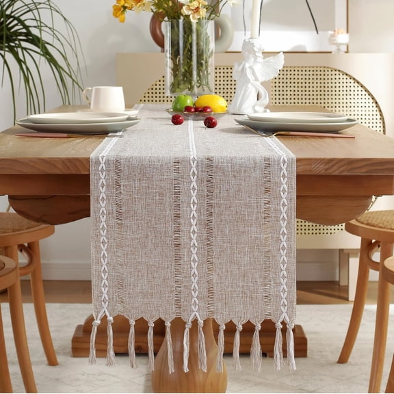 Rustic Farmhouse Table Runner with Tassels, Embroidered Cotton Linen Table Runner 72 Inches Long, Linen Boho Table Runners for Table Decorations, Holiday Party and Wedding, 13x72 Inches