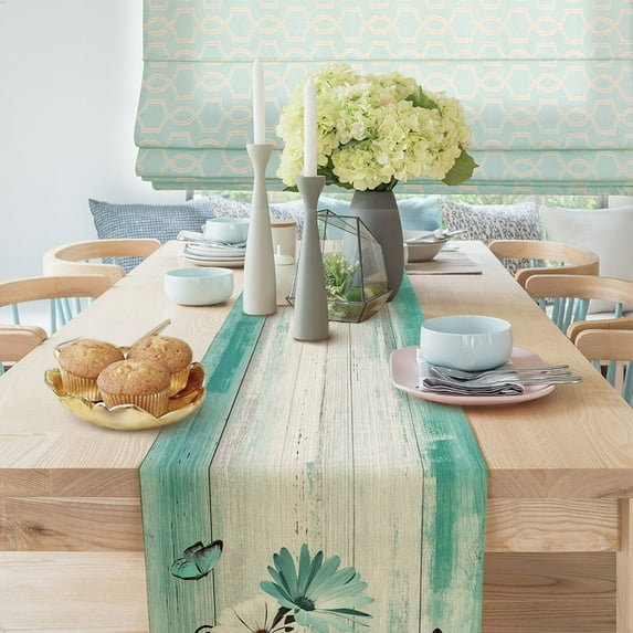 Rustic Farmhouse Table Runners, Farm Teal Daisy Floral Flowers on Country Wooden Runner for Kitchen, Non-Slip Linen Dining Room Table Runners for Family Dinner Party Home Decoration,13X72in