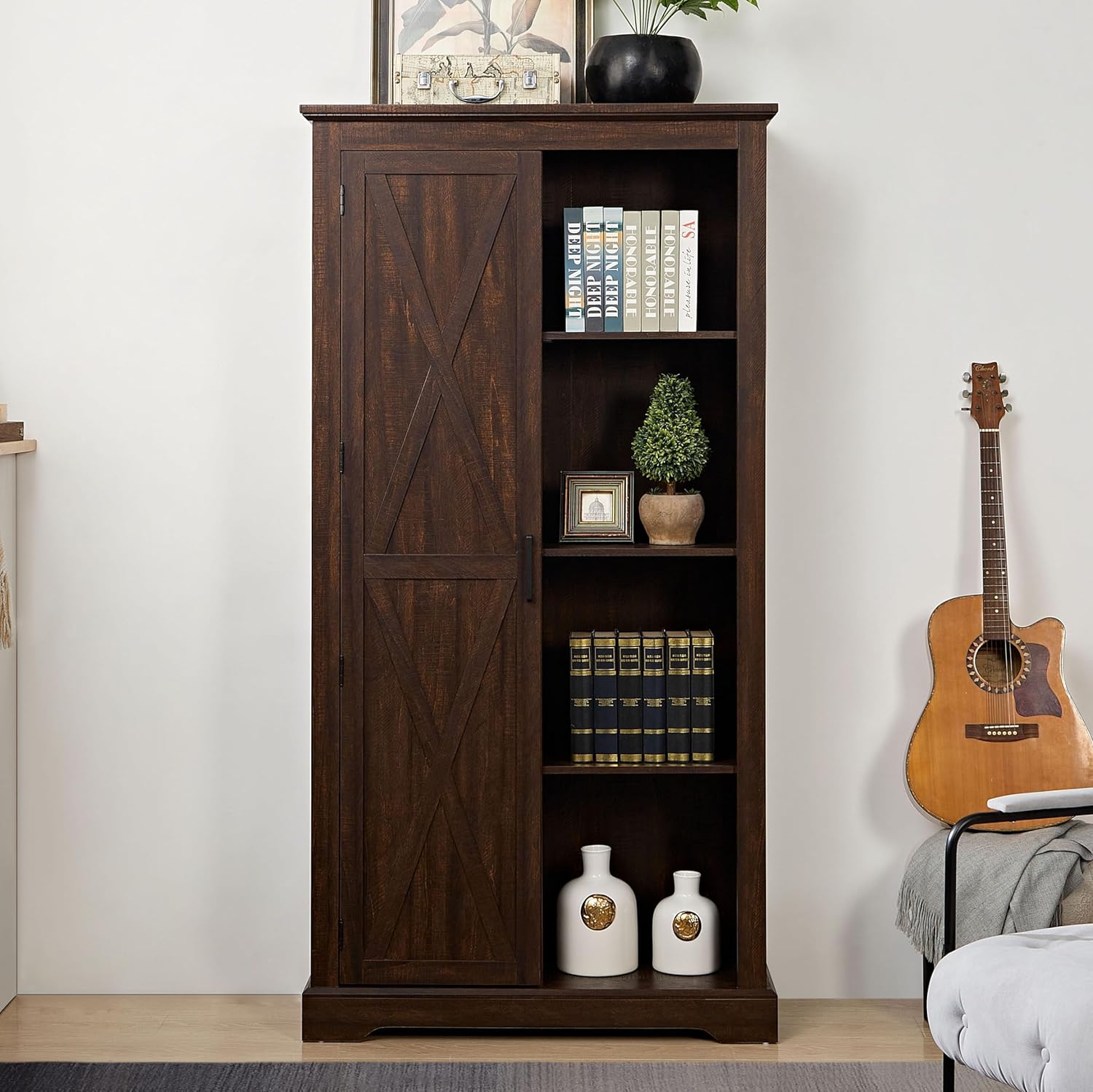 Rustic Farmhouse Tall Storage Cabinet Bookcase with Sliding Barn Door, Adjustable Shelf, Pantry Cupboard Kitchen Organizer Furniture Home Drawer Shelves,
Espresso