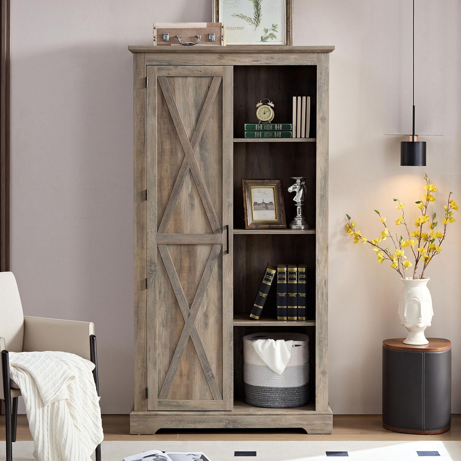 Rustic Farmhouse Tall Storage Cabinet Bookcase with Sliding Barn Door, Adjustable Shelf, Pantry Cupboard Kitchen Organizer Furniture Home Drawer Shelves,Gray Wash