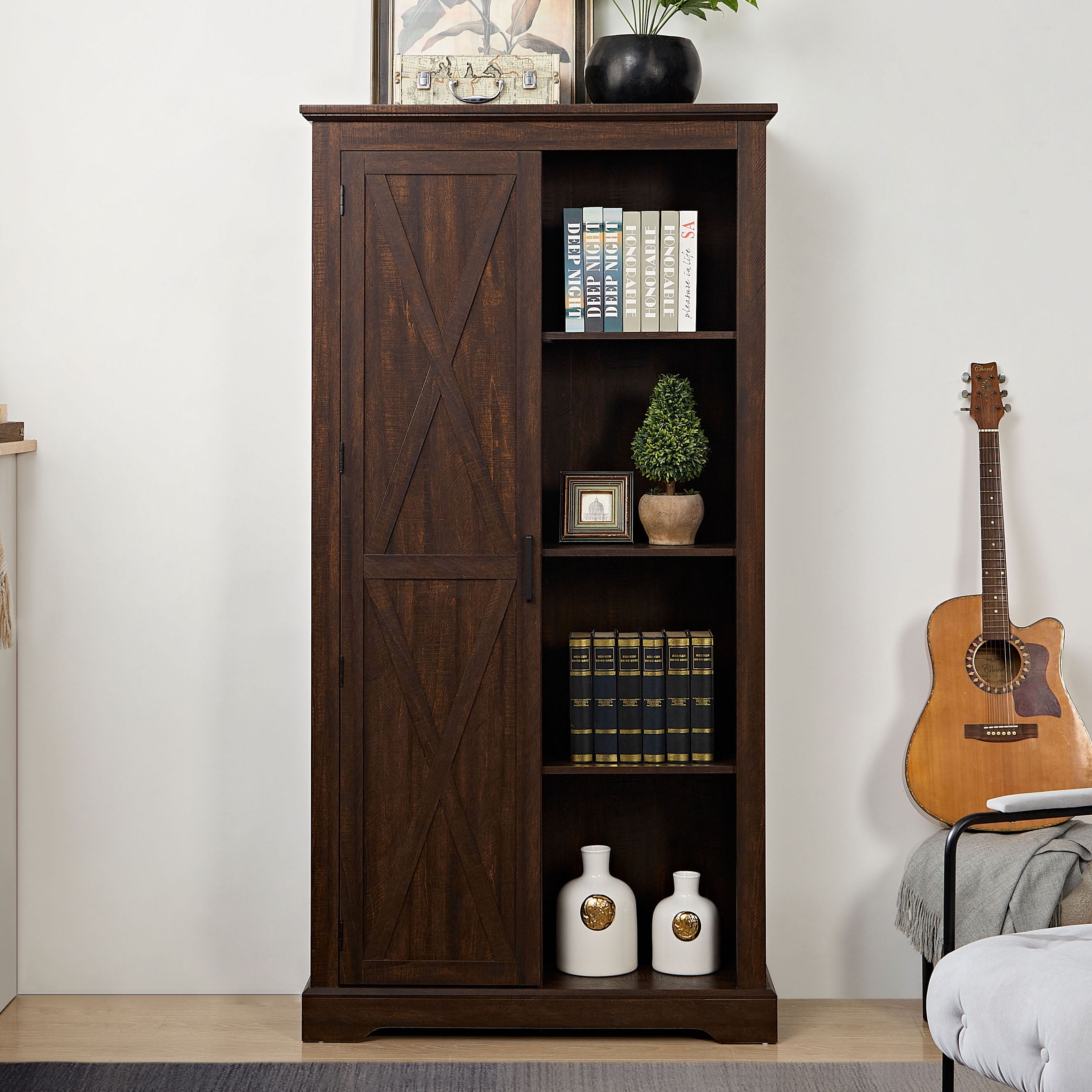 Rustic Farmhouse Tall Storage Bookcase with Sliding Barn Door