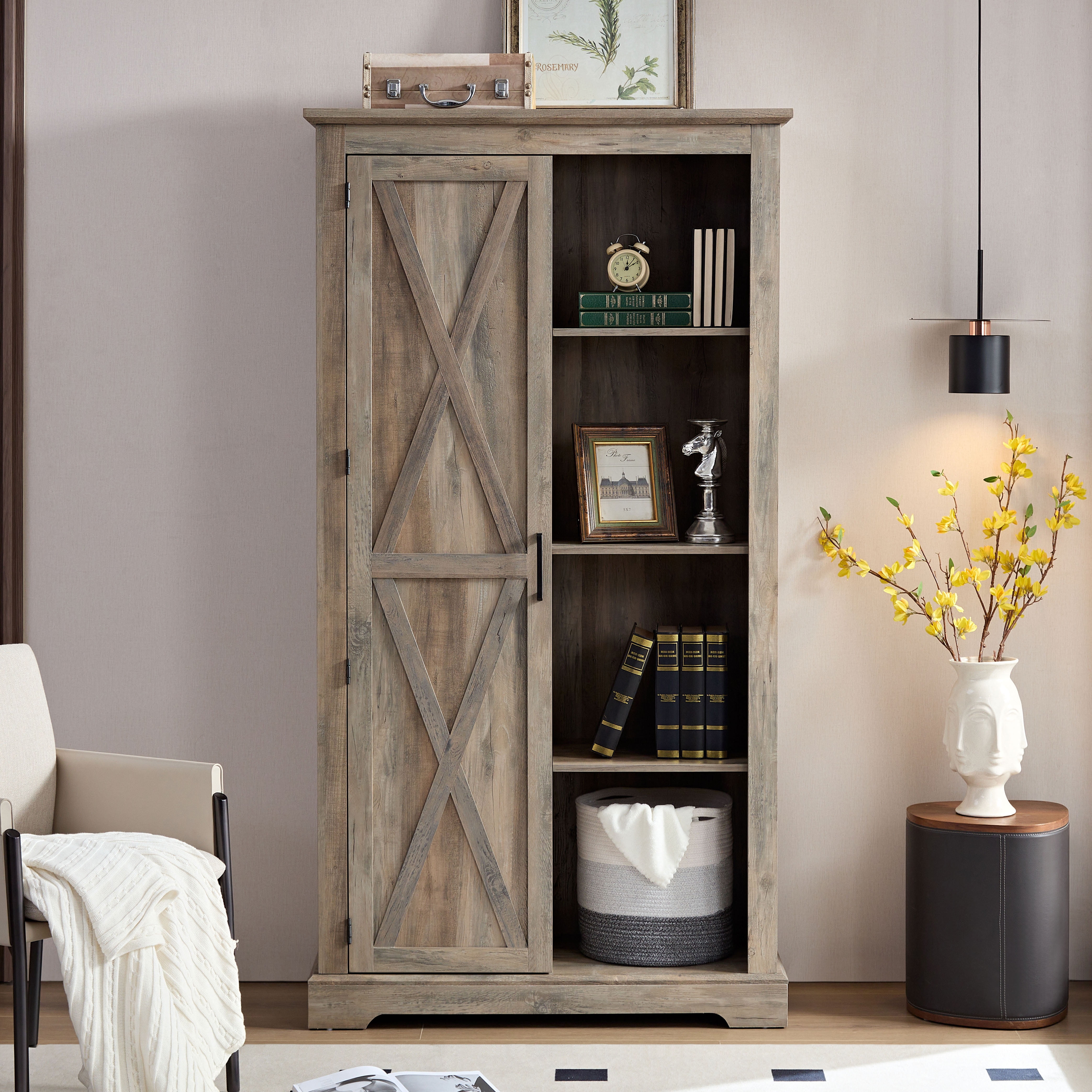 Rustic Farmhouse Tall Storage Cabinet Bookcase with Sliding Barn Door, Adjustable Shelf, Pantry Cupboard Kitchen Organizer Furniture Home Drawer Shelves