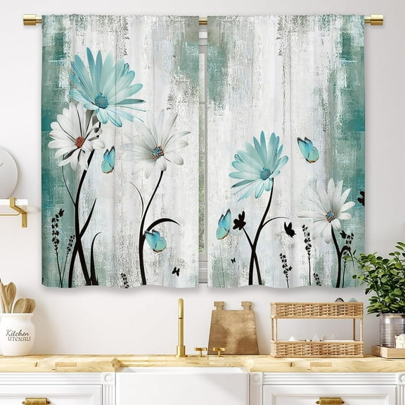 Rustic Farmhouse Teal Daisy Kitchen Curtains Floral Flower Small Short Cafe Window Curtains Butterfly Turquoise Country Bathroom Window Drapes Treatment Tier Curtains 2 Panels (27.5x36 Inch)