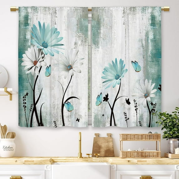 Rustic Farmhouse Teal Daisy Kitchen Curtains Floral Flower Small Short Cafe Window Curtains Butterfly Turquoise Country Bathroom Window Drapes Treatment Tier Curtains 2 Panels (27.5x39 Inch)