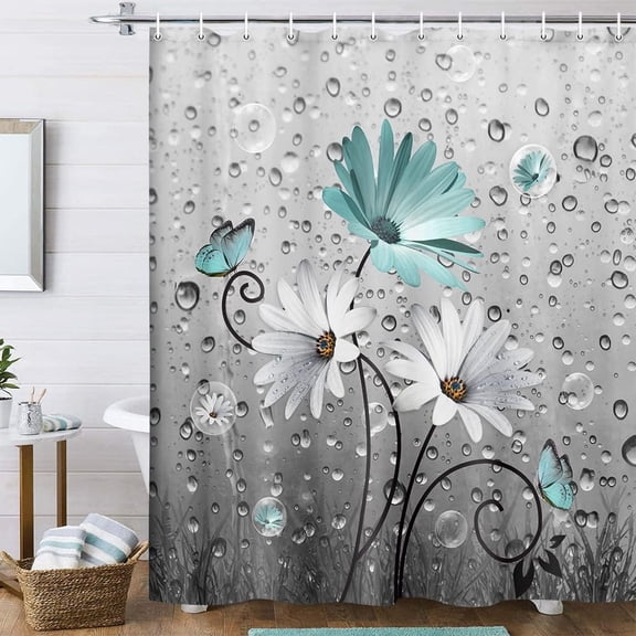 Rustic Farmhouse Teal Floral Shower Curtain, Farm Teal Daisy Flowers and Butterfly Shower Curtain for Bathroom, Country Turquoise Gray Fabric Boho Shower Curtain Set with 12PCS Hooks, 70X70IN