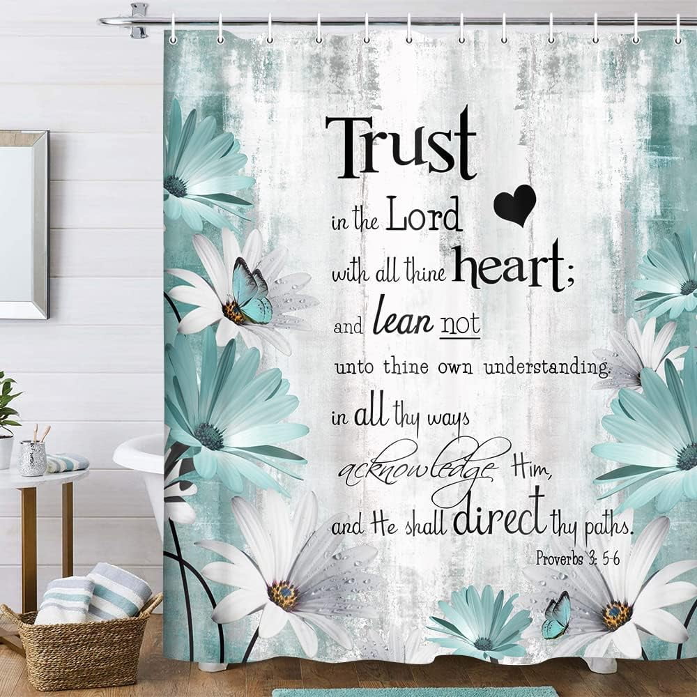 Rustic Farmhouse Teal Shower Curtain Bible Verse Inspirational Shower Curtain Country Farm Teal Daisy Flowers Butterfly Abstract Shower Curtain Set, Turquoise Blue Shower Curtain for Bathroom, 70X84IN