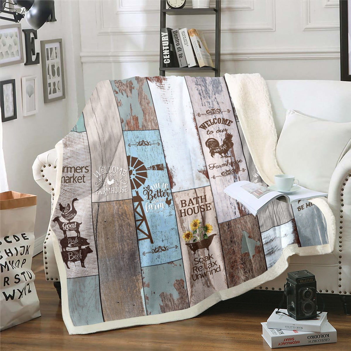 Rustic Farmhouse Throw Blanket Cabin Decor, Retro Windmill Decor Sherpa