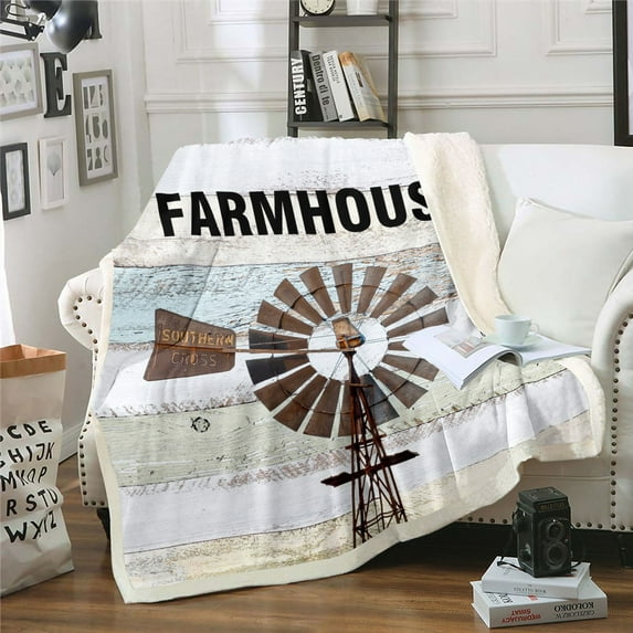 Rustic Farmhouse Throw Blanket for Newborn Youth Farmhouse Windmill Fuzzy Blanket, Wooden Plank Fleece Blanket Rural Countryside Vintage Decor Sherpa Blanket 40"X50" Teens