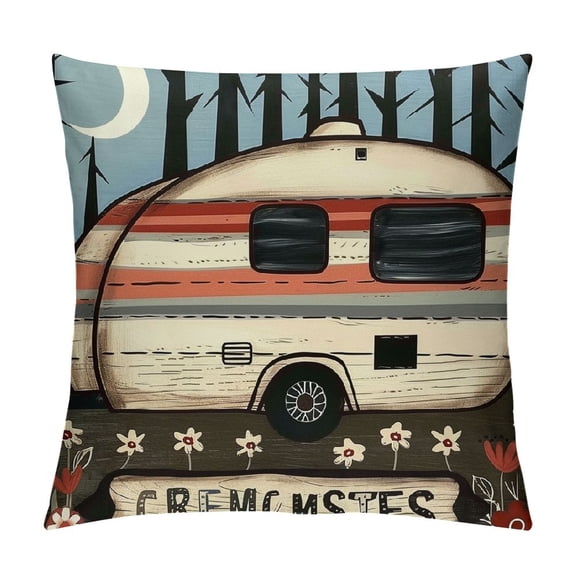 Rustic Farmhouse Throw Pillow Covers , Camper Cabin Pillow Covers, Happy Camping Decorative Square Pillow Cases for Indoor Outdoor, Brown Grey Blue Old Barn Door Cushion Covers