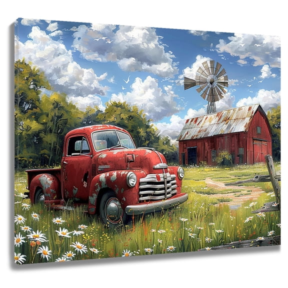 Rustic Farmhouse Truck Wall Art Red Barn Truck and Blue Sky in Country Canvas Wall Art Nature Botanical Landscape Framed Wall Art for Living Room Bedroom Bathroom Home Decor Ready to Hang,12x12 Inches