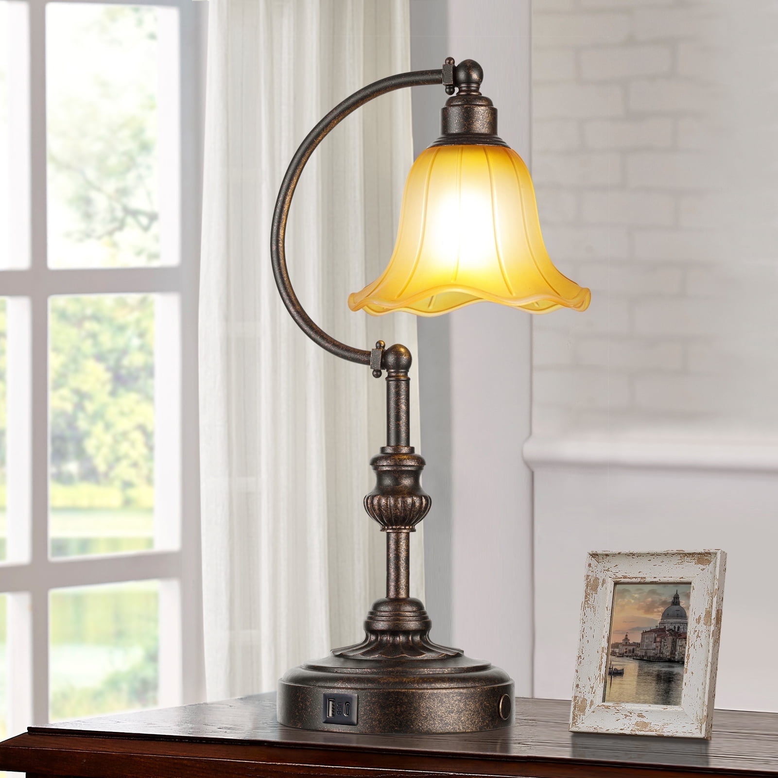 RORIA Rustic Farmhouse USB A+C Charging Port Touch Table Lamps, 3-Stage Dimmable Bedside Lamp 20", Amber Vintage Glass Lampshade for Living Room Bedroom Nightstand