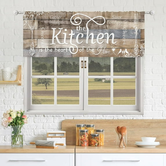 Rustic Farmhouse Valance Kitchen Curtains Short Small Country Fork and Spoon Retro Wooden Board Vintage Blue Beige Rod Pocket Rural Bedroom Living Room Treatment Fabric 1 Panel 52Wx18H Inch