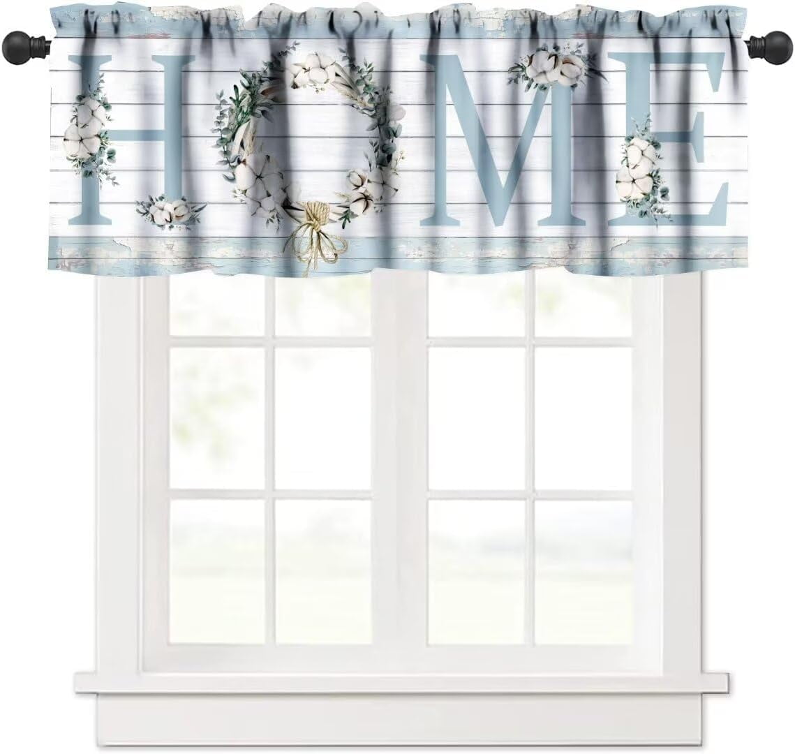 Rustic Farmhouse Valance, Vintage Country Blue Wooden Cotton Wreath ...