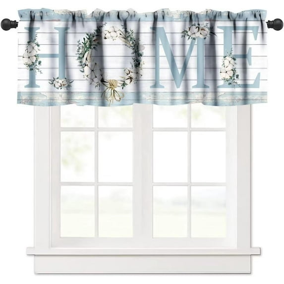 Rustic Farmhouse Valance, Vintage Country Blue Wooden Cotton Wreath Green Eucalyptus Branches Leaves Print Blackout Short Window Treatment for Kitchen Bathroom, 54x18in