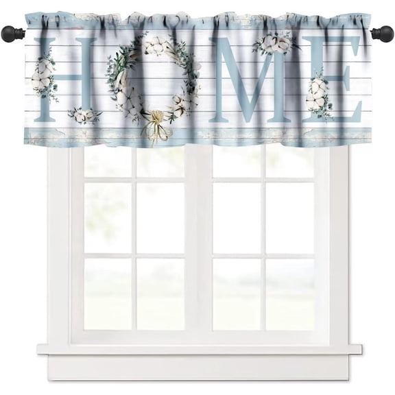 Rustic Farmhouse Valance, Vintage Country Blue Wooden Cotton Wreath Green Eucalyptus Branches Leaves Print Blackout Short Window Treatment for Kitchen Bathroom, 54x18in