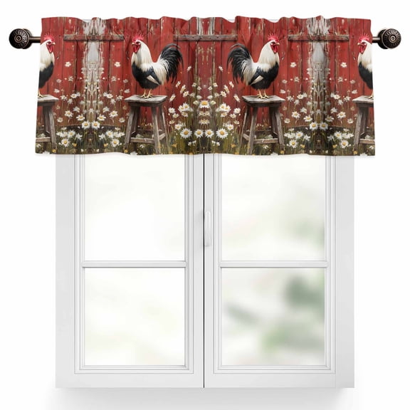 Rustic Farmhouse Valances for Windows, 54 x 18in, Rustic Red Barn Rooster Wildflowers Rod Pocket Kitchen Valance Curtain Light Filtering Window Treatments for Living Room Bedroom, 1 Panel