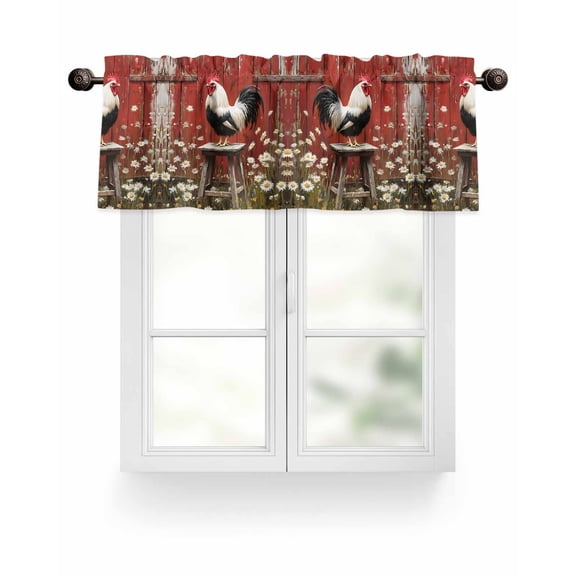 Rustic Farmhouse Valances for Windows Rustic Red Barn Rooster Wildflowers Valance Rod Pocket Light Filtering Short Window Treatments Curtains for Kitchen Bathroom Living Room Bedroom, 42 x 12 Inch