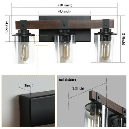 Rustic Farmhouse Vanity Light Industrial Bathroom Wall Sconce with Glass Shades and Wood Accent Lighting Fixture (No Bulbs)