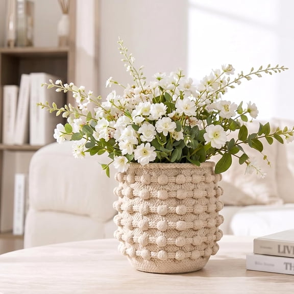 Rustic Farmhouse Vase, Boho Beige Cement Vase with Knotted Texture, Decorative Flower Vases for Dried Flowers, Pampas Grass, and Home Decor, Table Centerpiece, 6.7x6.7x6.9 Inches